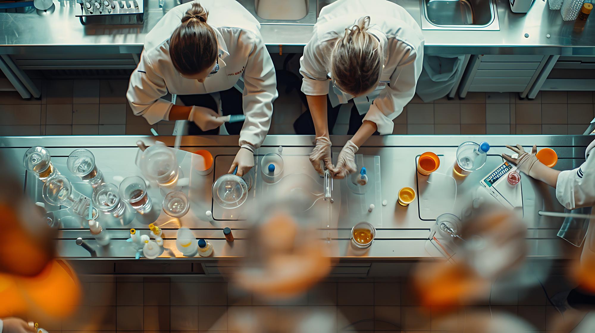 chef laboratorija su įranga ir patiekalų pavyzdžiais